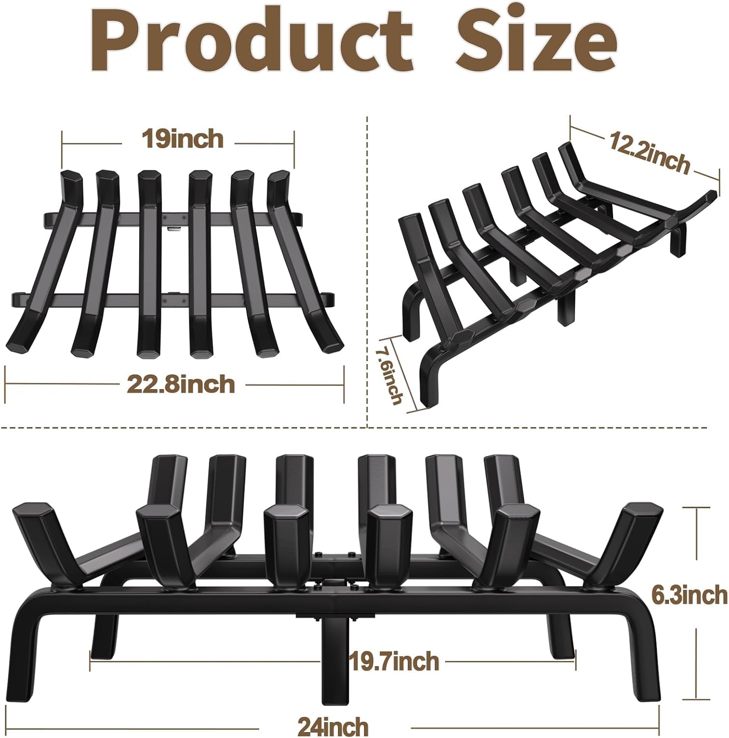 AMAGABELI GARDEN & HOME Fireplace Grate Log Holder 24 Inch Firewood Burning Rack Heavy Duty Wrought Iron Solid Steel for Chimney Hearth Fire Pit Outdoor Kindling Tools Wood Stove Accessories