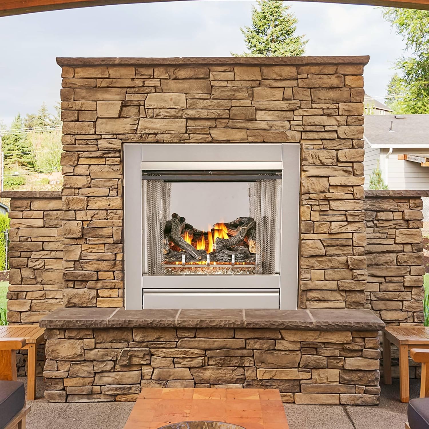 Duluth Forge Ventless Stainless Outdoor Gas Fireplace Insert with Glass Media and Log Set - 24