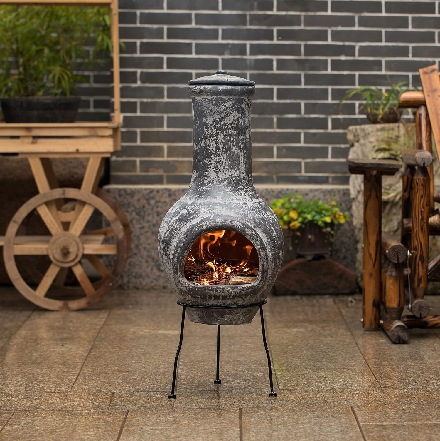 Gray Outdoor Clay Chiminea Fireplace Stoney Scribbled Design Charcoal Burning Fire Pit with Sturdy Metal Stand